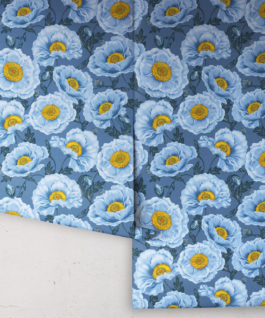 Magic Garden Collection by Kingdom Home - Papaver Wallpaper - Colourway: Chalk Indigo- Roll