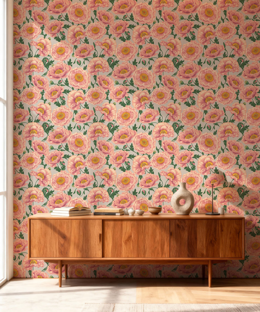 Magic Garden Collection by Kingdom Home - Papaver Wallpaper - Colourway: Heirloom Petal - Insitu
