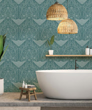 Load image into Gallery viewer, Manta Ray Wallpaper • Floral Wallpaper • Teal • Insitu