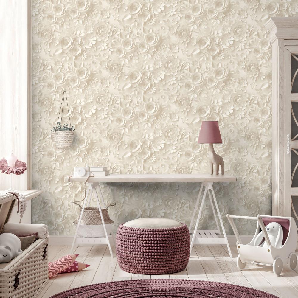 Paper Flowers Wallpaper - Beige room view