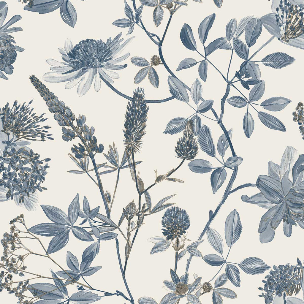 Botanical Print Wallpaper - Blue with Ecru pattern