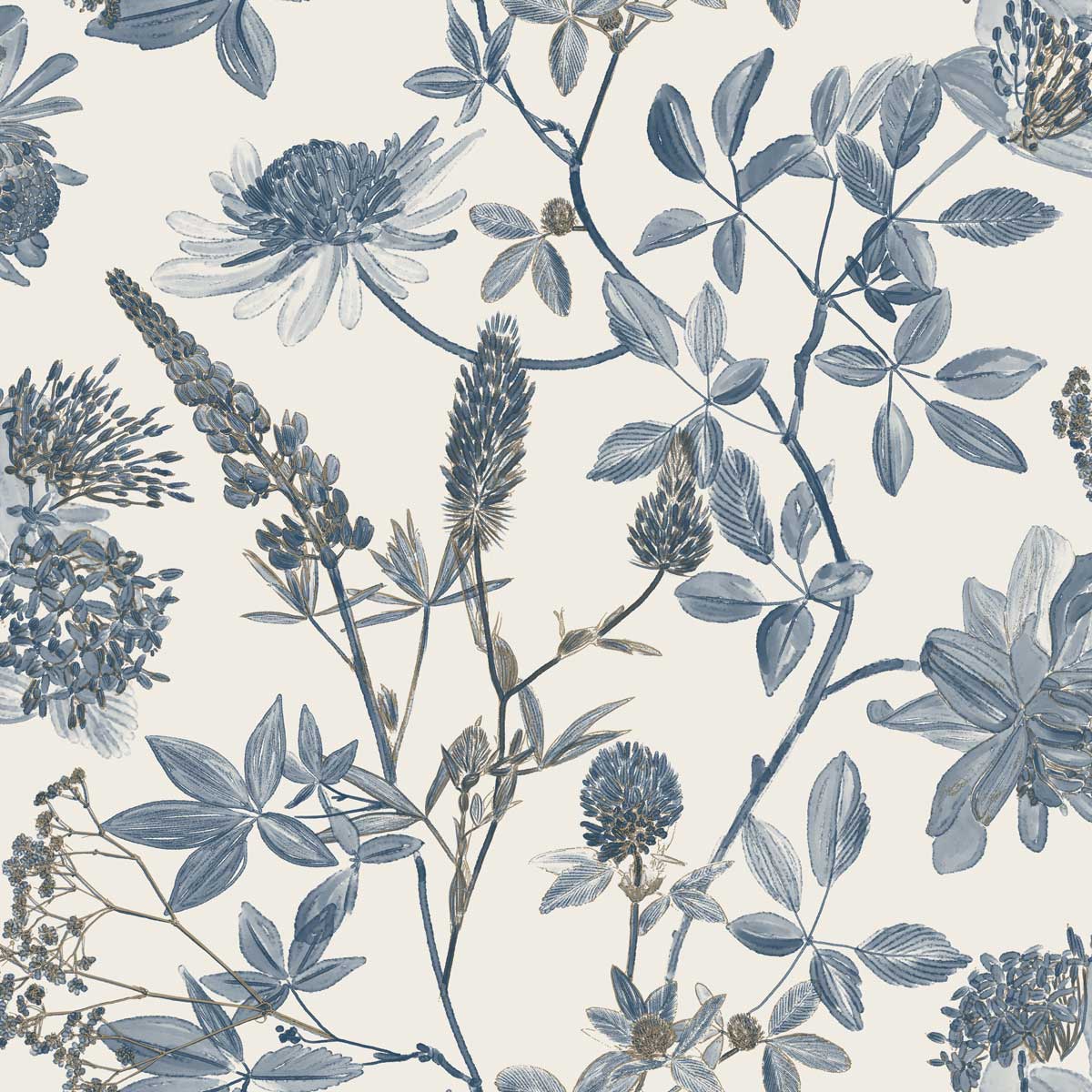 Botanical Print Wallpaper - Blue with Ecru pattern
