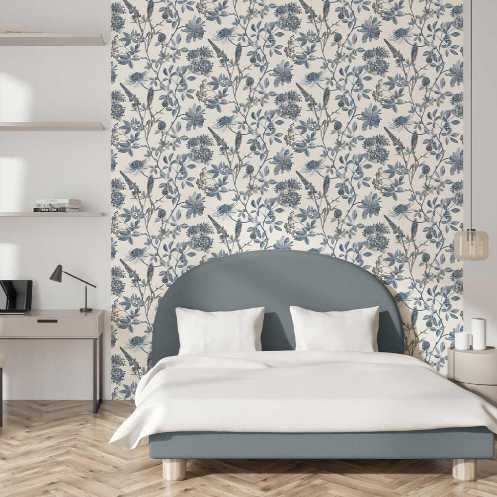 Botanical Print Wallpaper - Blue with Ecru room view