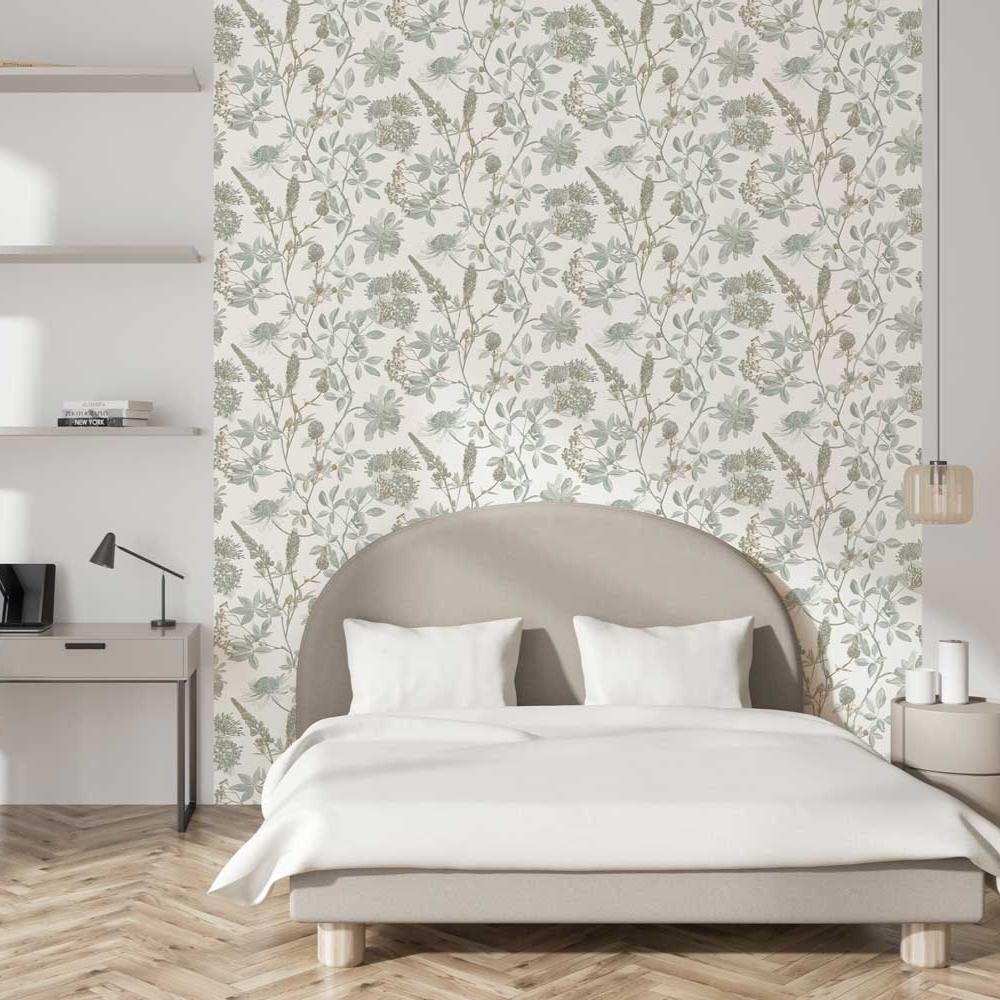 Botanical Print Wallpaper - Green with Ecru room view