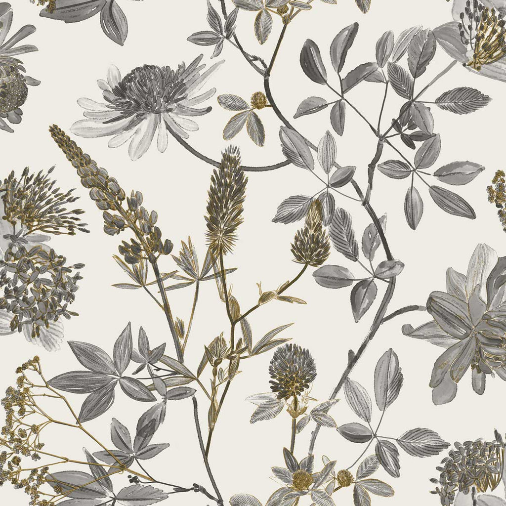 Botanical Print Wallpaper - Grey with Ecru pattern