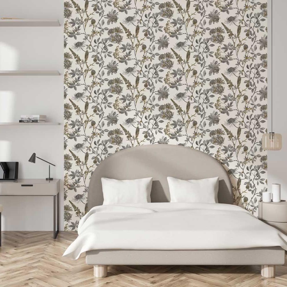 Botanical Print Wallpaper - Grey with Ecru room view