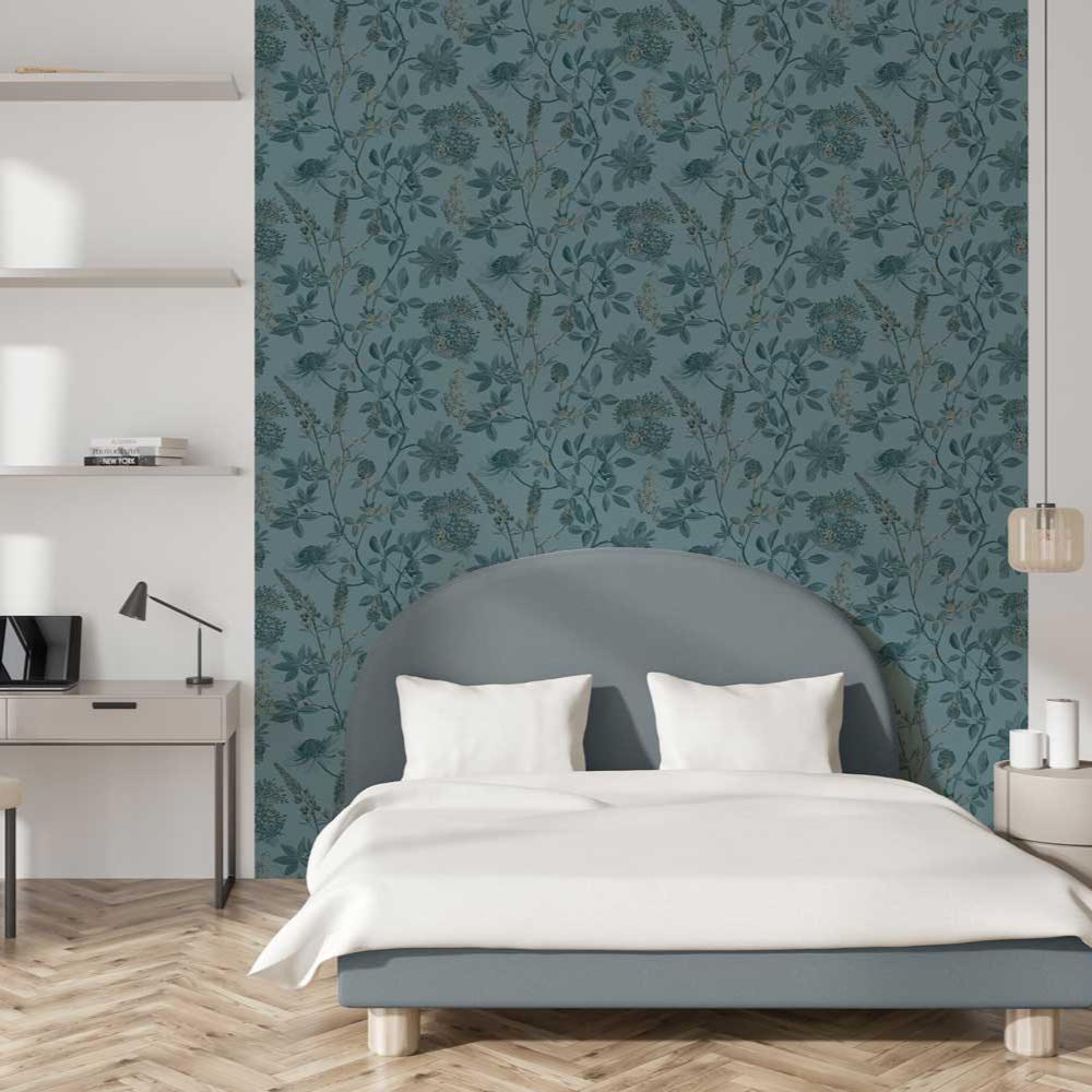 Botanical Print Wallpaper - Green with Green room view