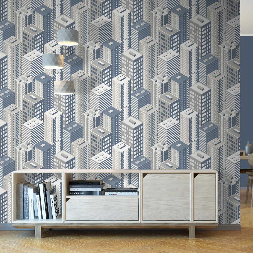 City Blocks Wallpaper - Blue room view