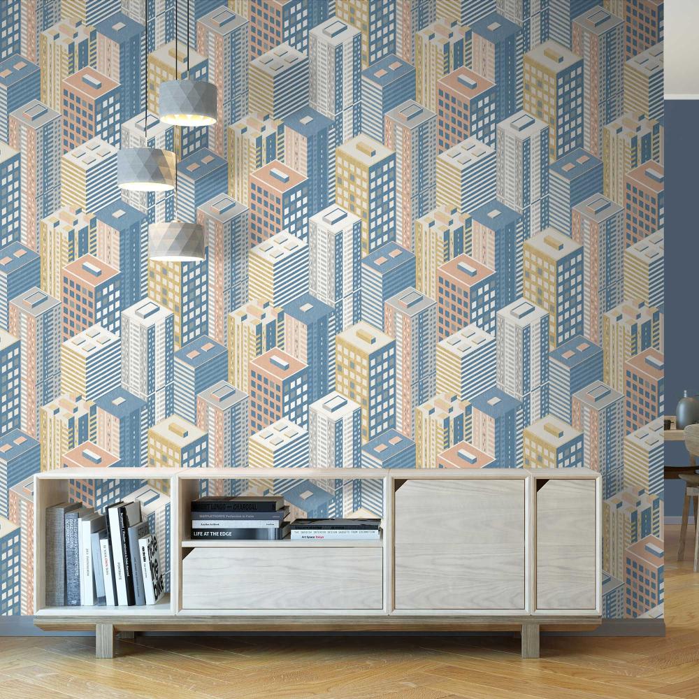 City Blocks Wallpaper - Peach room view