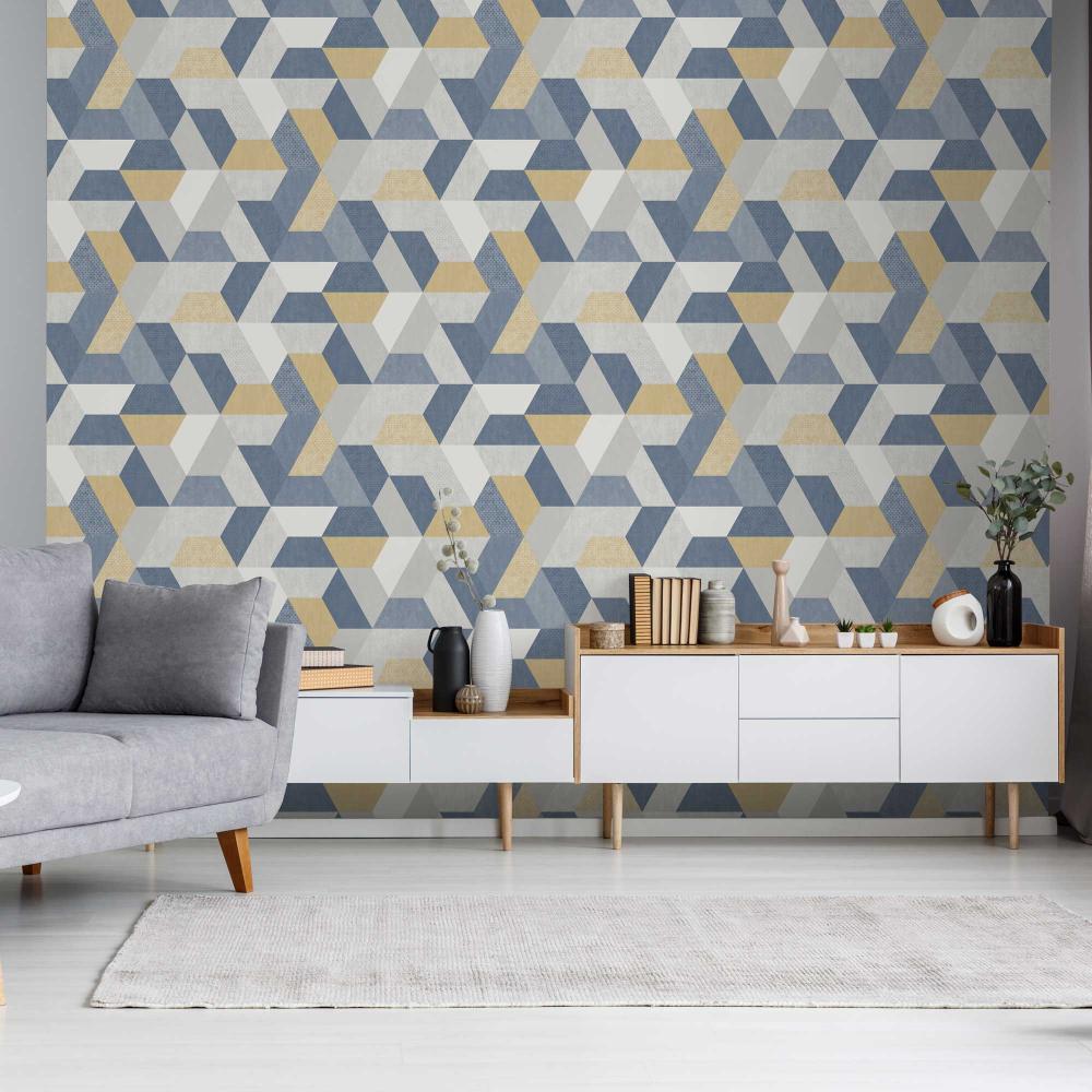 Loft Geometric Wallpaper - Yellow and Blue room view