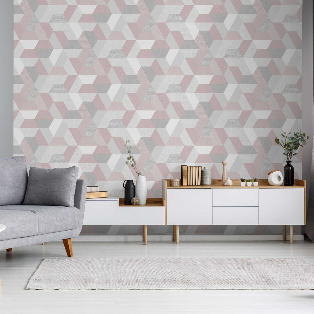 Loft Geometric Wallpaper - Blush and Greys room view