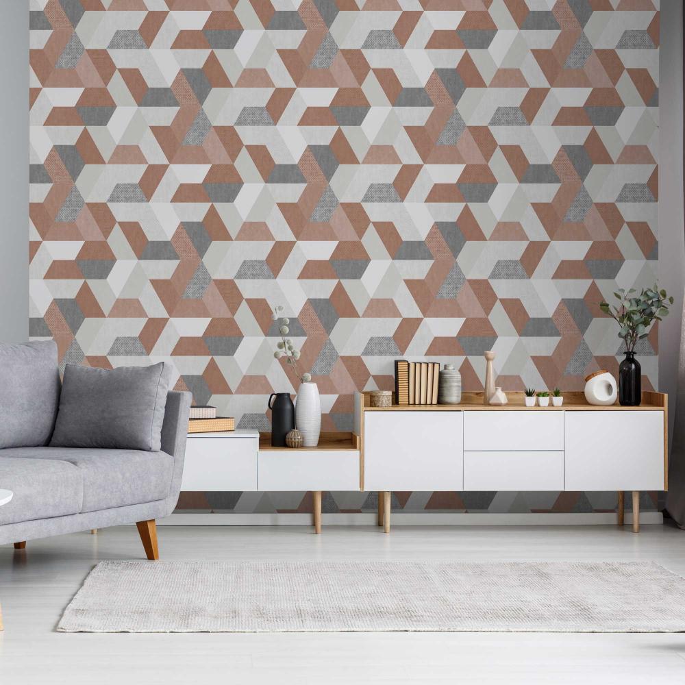 Loft Geometric Wallpaper - Terracotta room view