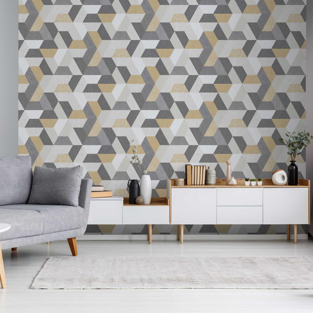 Loft Geometric Wallpaper - Yellow and Greys room view