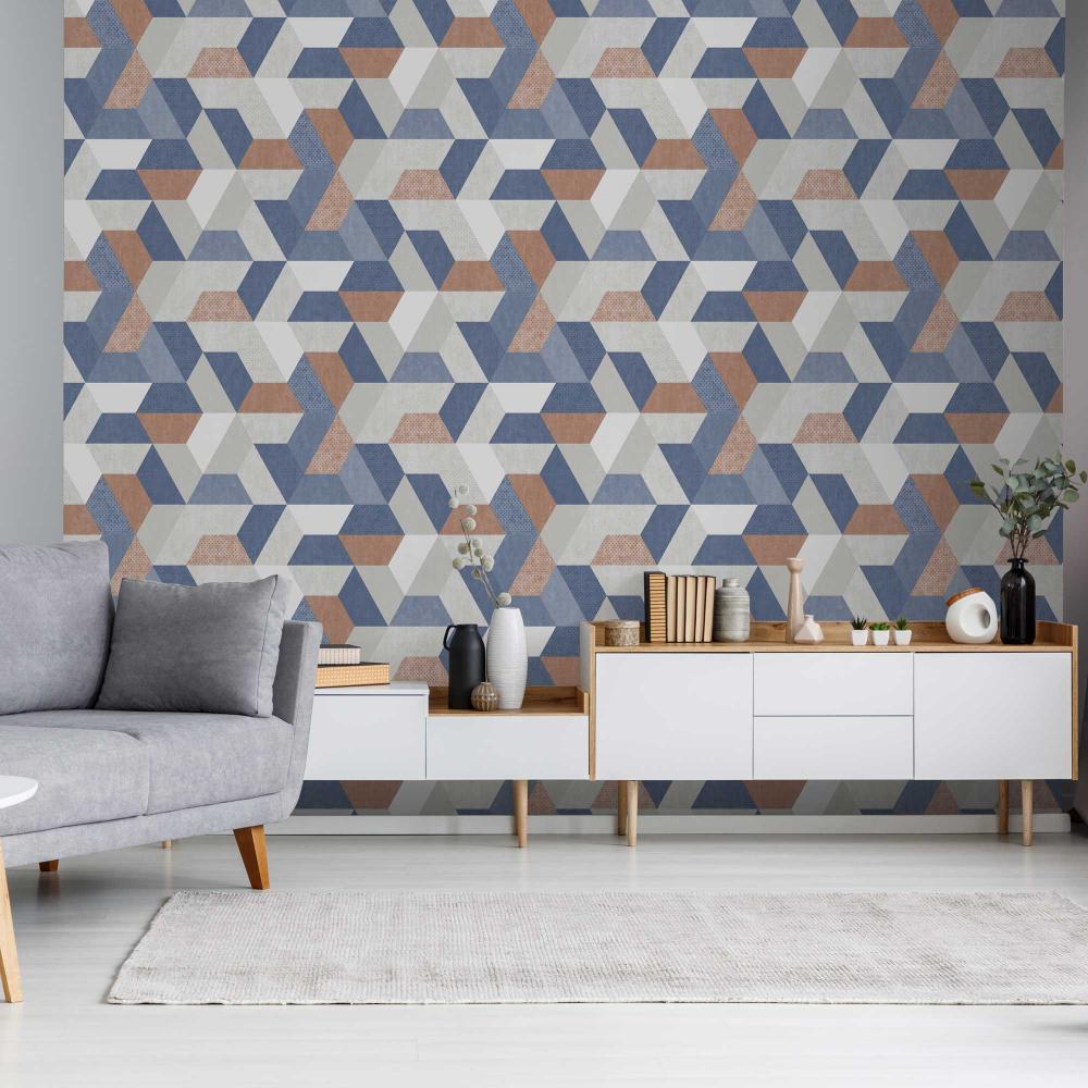 Loft Geometric Wallpaper - Blue and Greys room view
