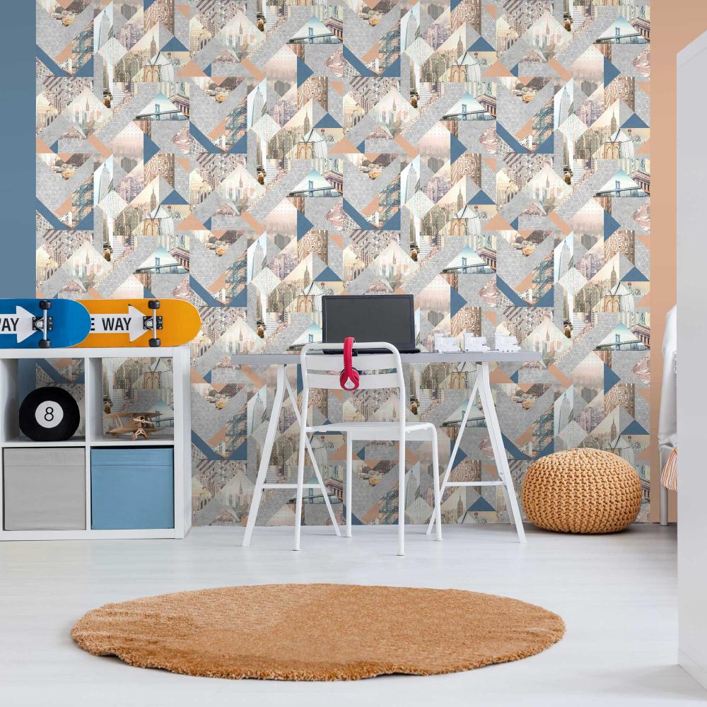 NYC Geo Collage Wallpaper - Peach room view