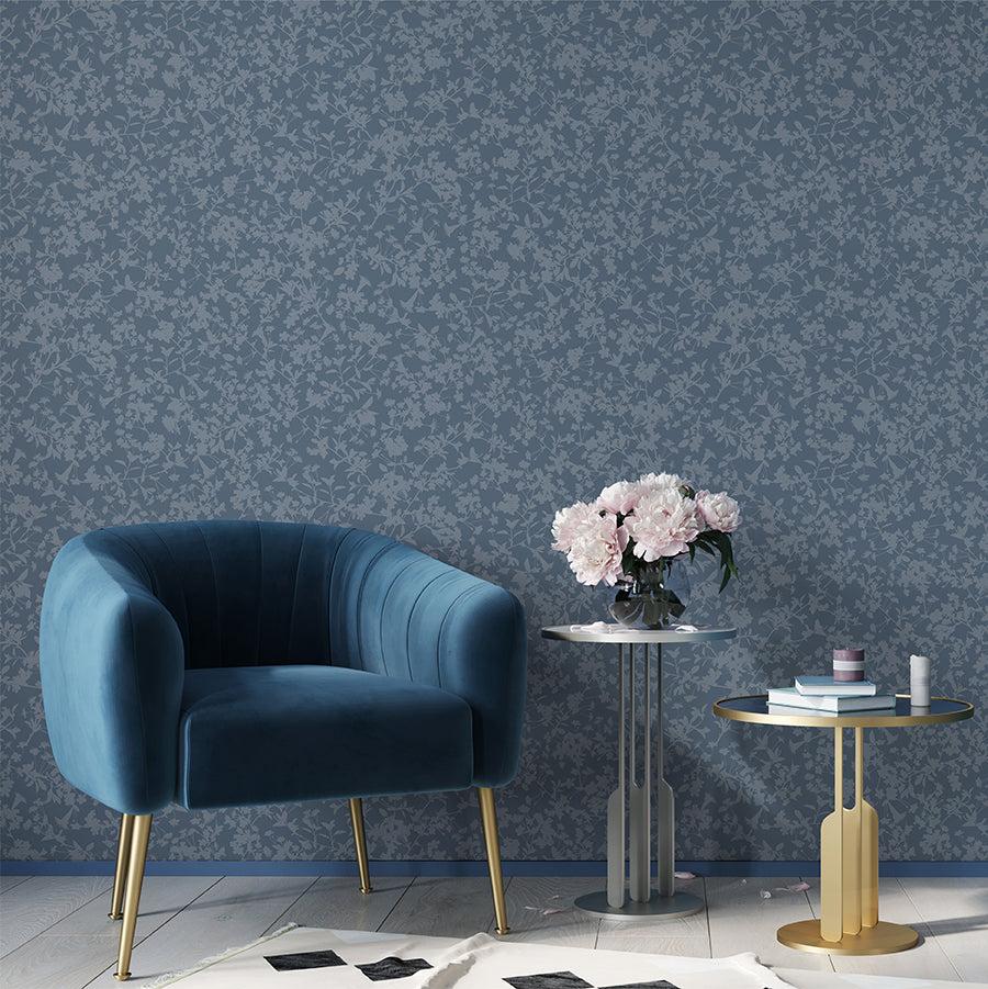 Shimmering Floral Canopy (on Foil) Wallpaper - Blue room view
