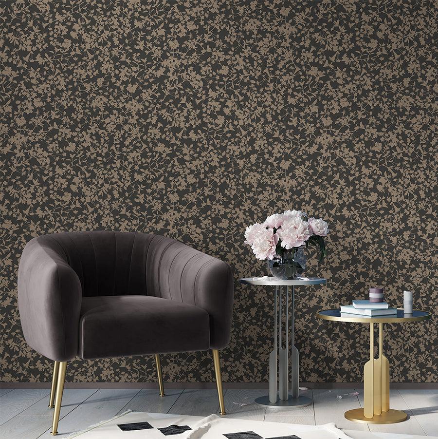 Shimmering Floral Canopy (on Foil) Wallpaper - Black room view