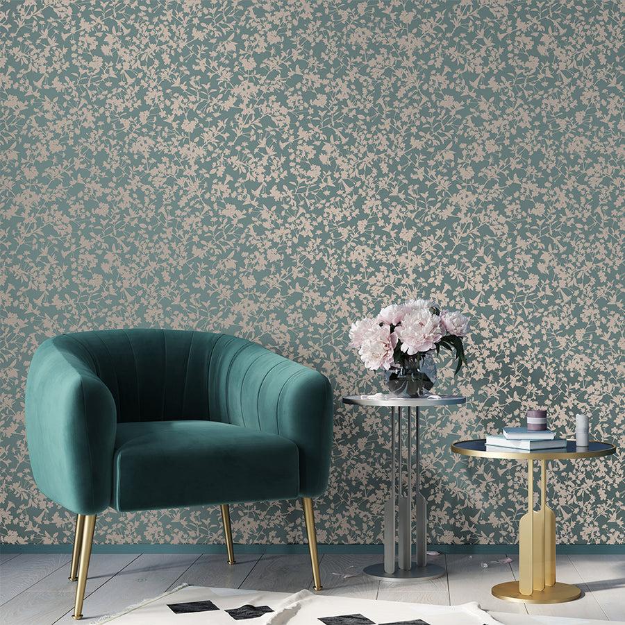 Shimmering Floral Canopy (on Foil) Wallpaper - Green room view