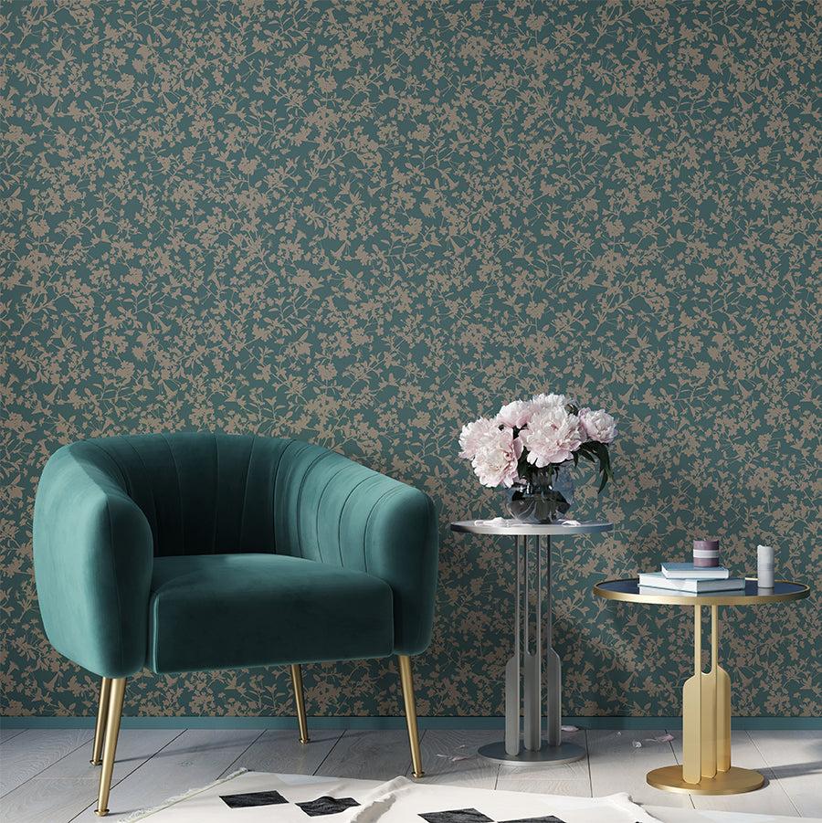 Shimmering Floral Canopy (on Foil) Wallpaper - Dark Green room view