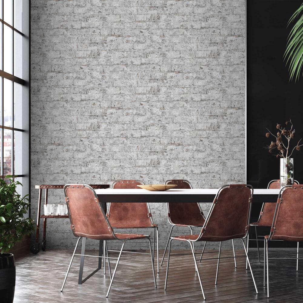 Distressed Bricks Wallpaper - Grey room view