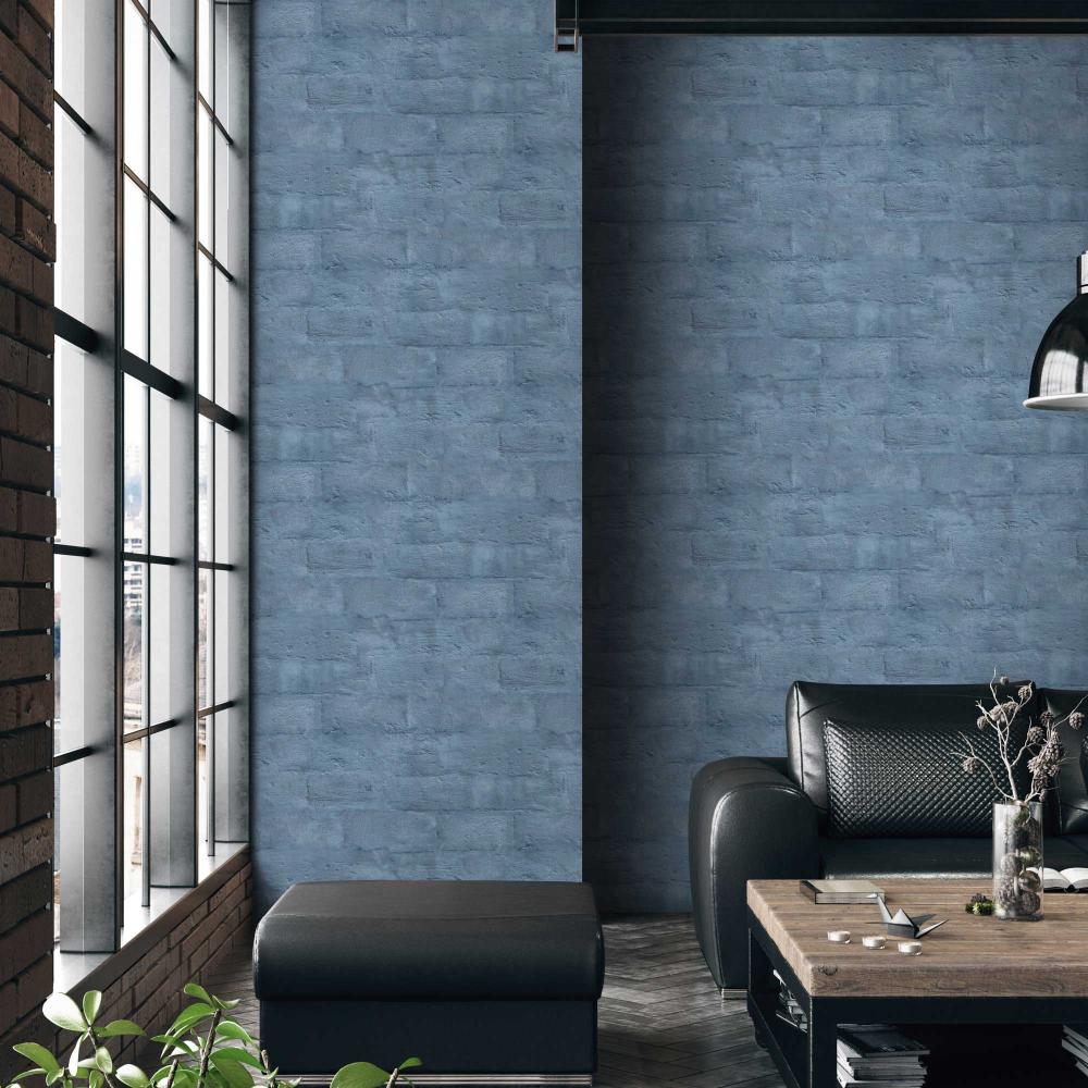Painted Loft Bricks Wallpaper - Blue room view