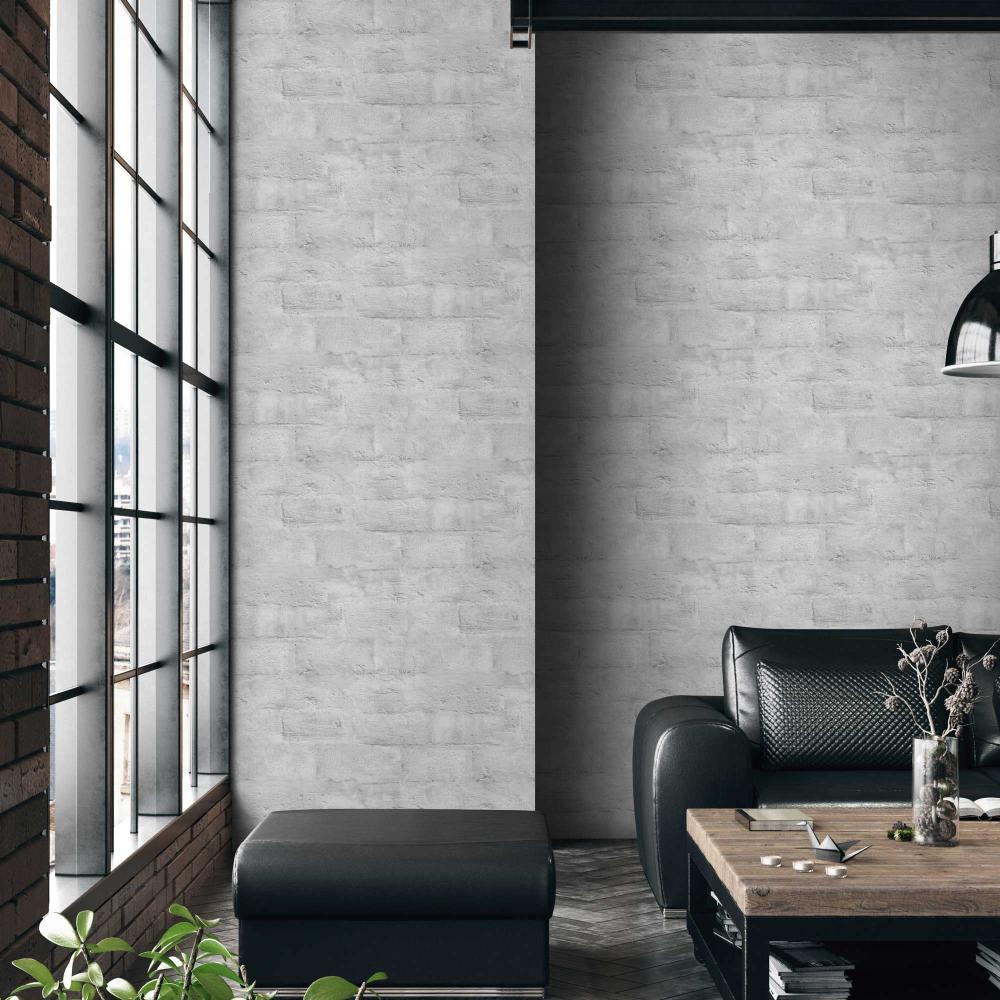 Painted Loft Bricks Wallpaper - Grey room view
