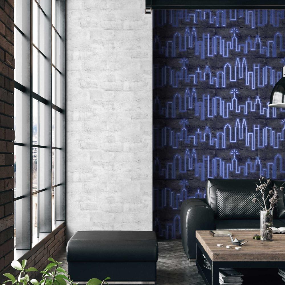 Neon City Skyline Wallpaper - Blue room view