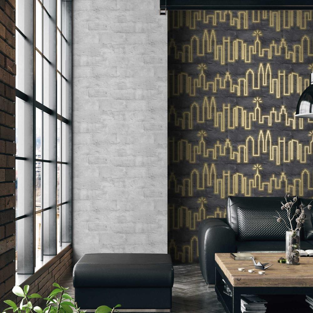 Neon City Skyline Wallpaper - Yellow room view