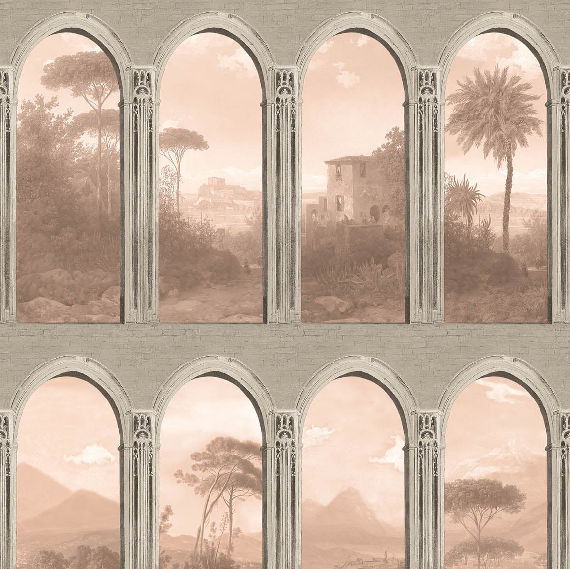 Exotic Vista Archway Wallpaper - Blush pattern