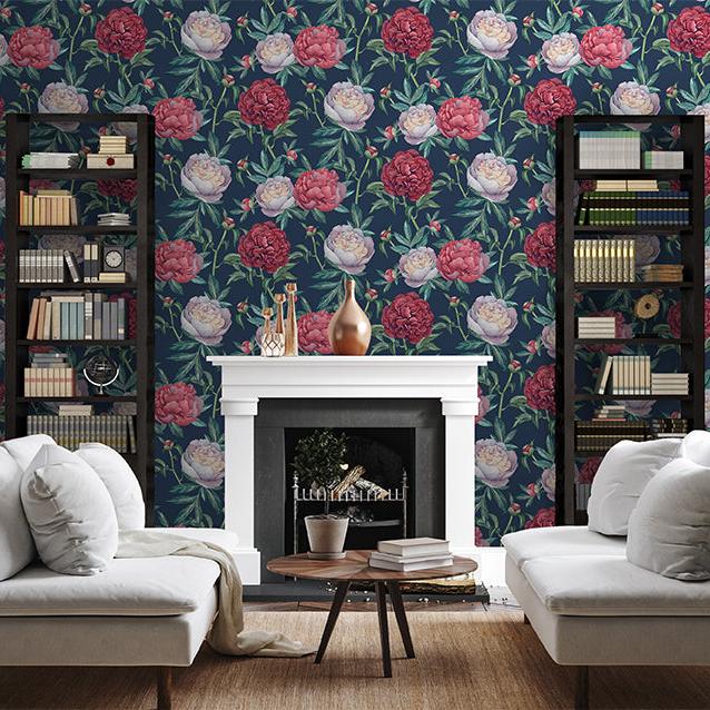 Peony Bloom Wallpaper - Blue room view