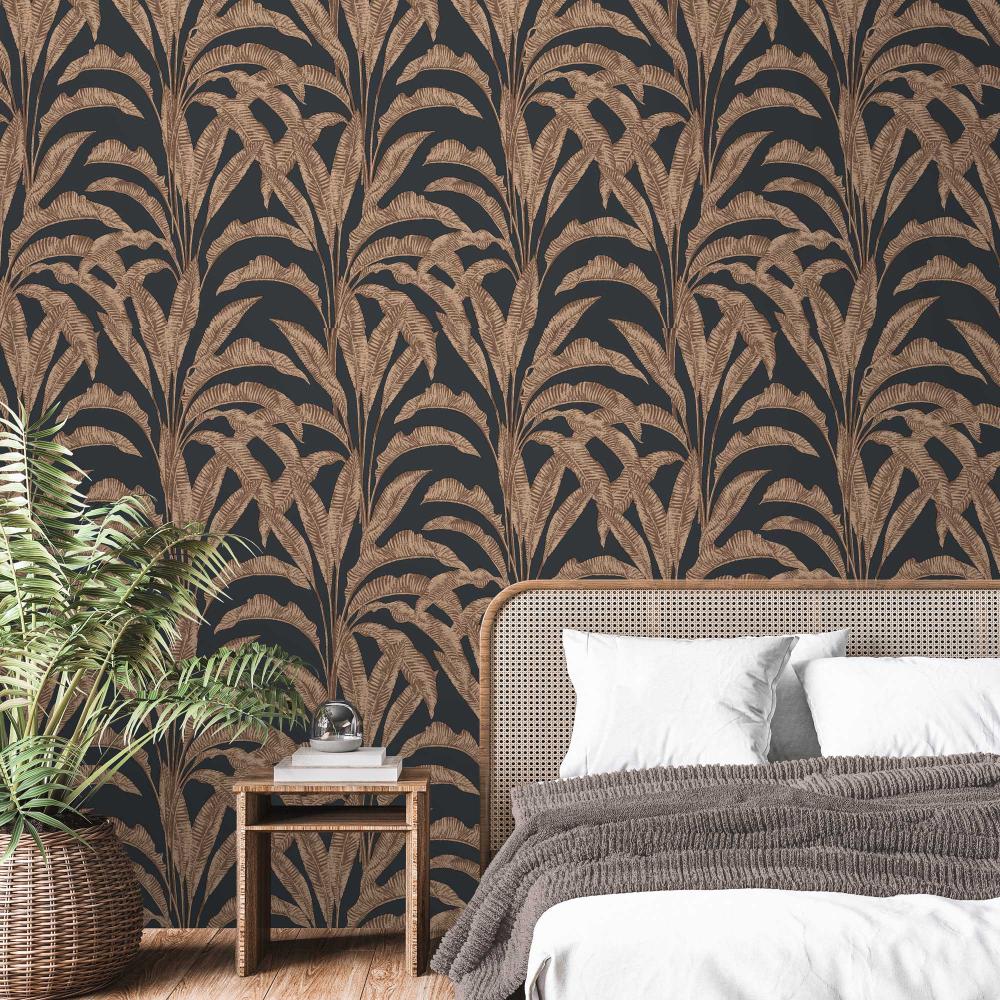 Luxe Tropical Palm Wallpaper - Orange on Black room view