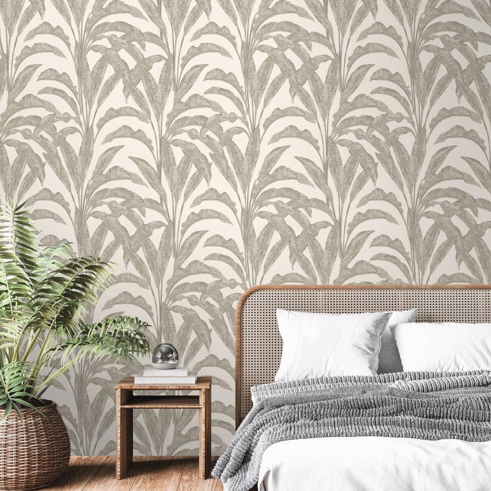 Luxe Tropical Palm Wallpaper - Beige on Cream room view