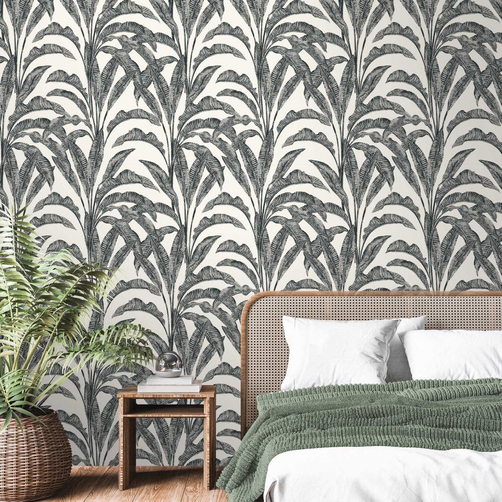 Luxe Tropical Palm Wallpaper - Grey and Cream room view