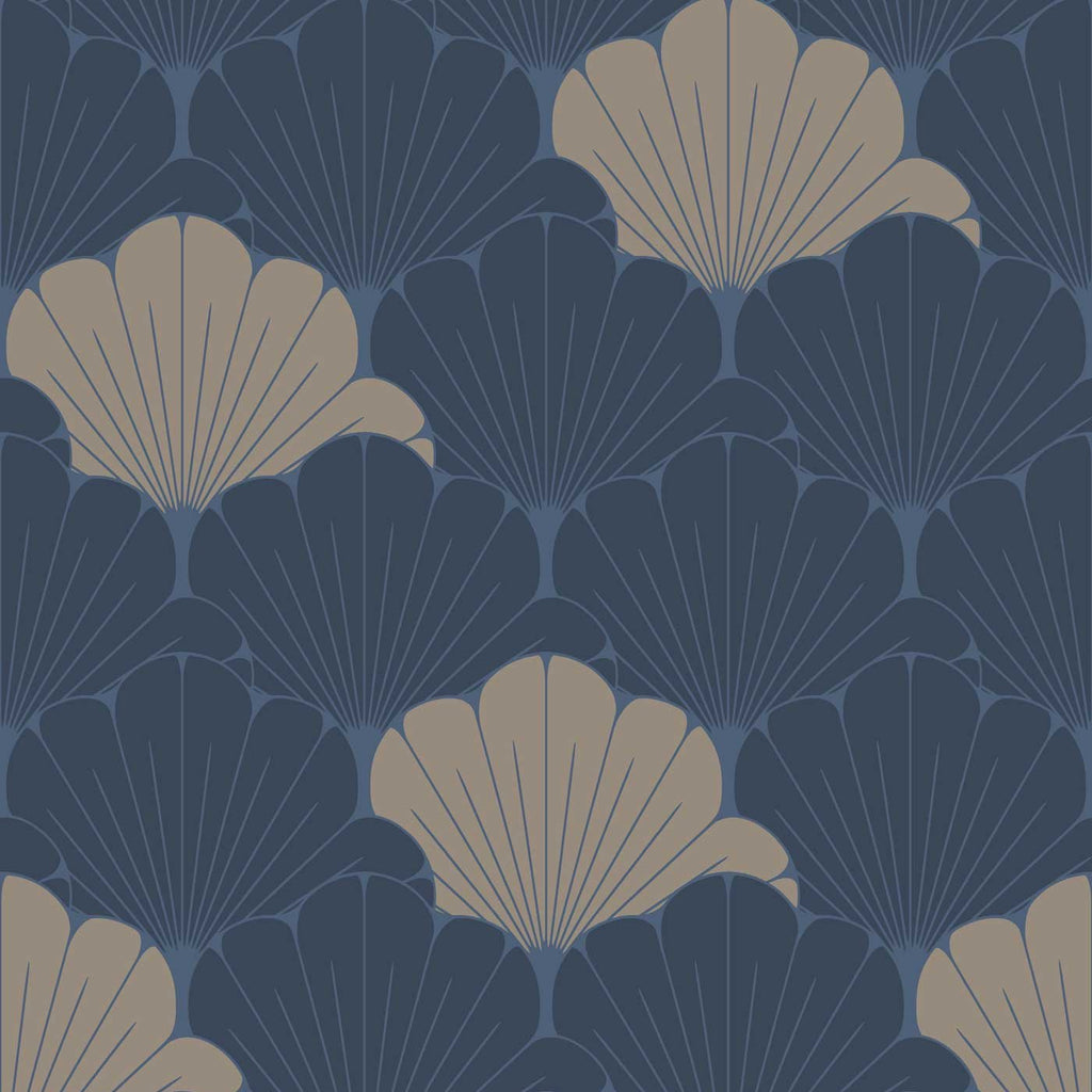 Giant Art Deco Gingko Leaf Wallpaper - Blue pattern