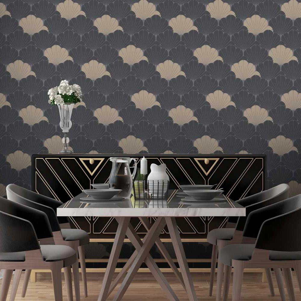 Giant Art Deco Gingko Leaf Wallpaper - Black room view
