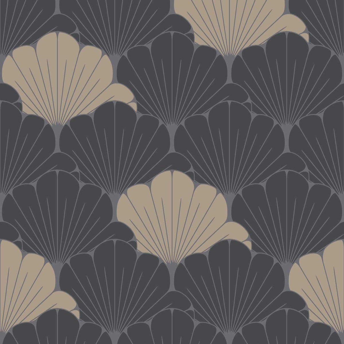 Giant Art Deco Gingko Leaf Wallpaper - Black pattern