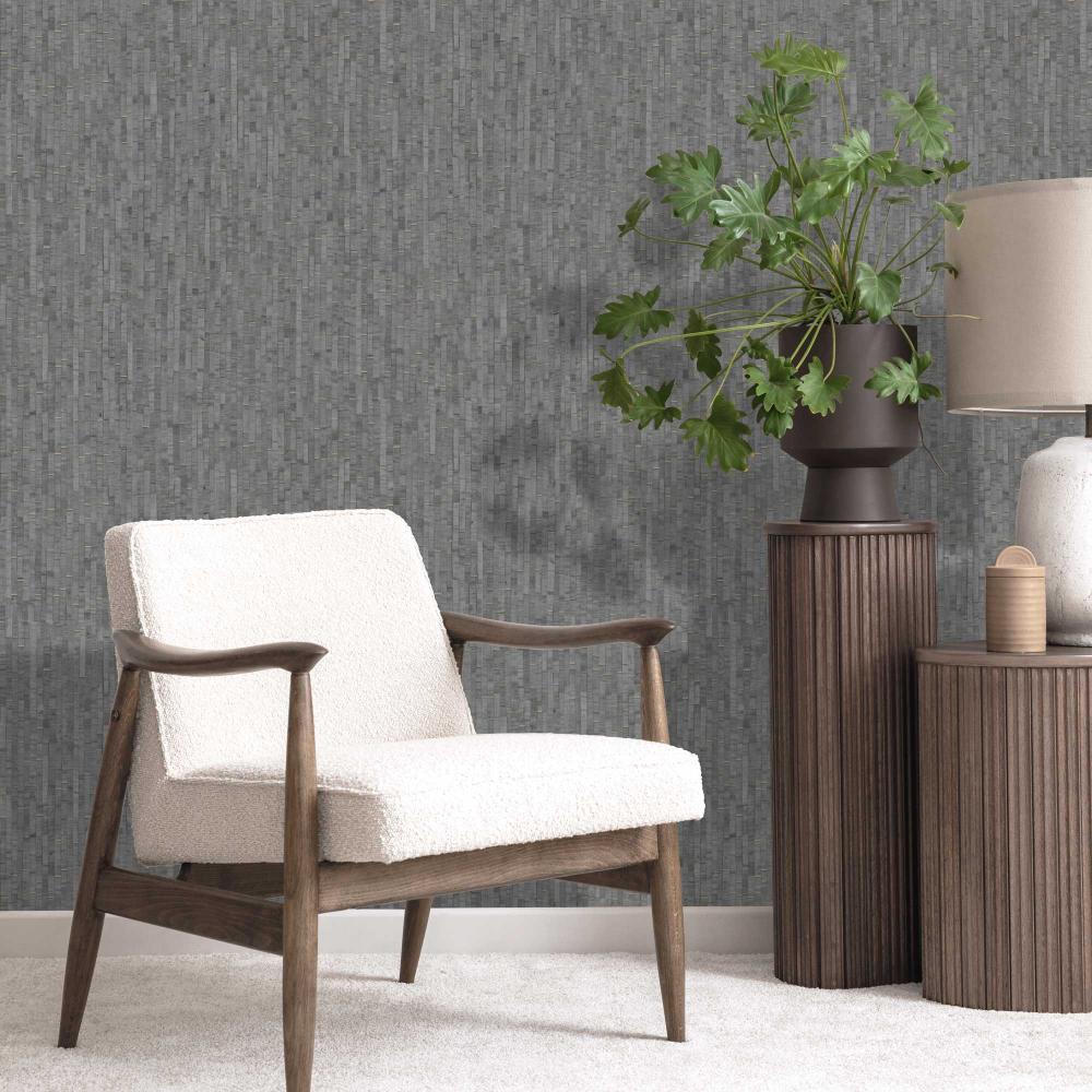 Faux Natural Straw Wallpaper - Dark Grey room view