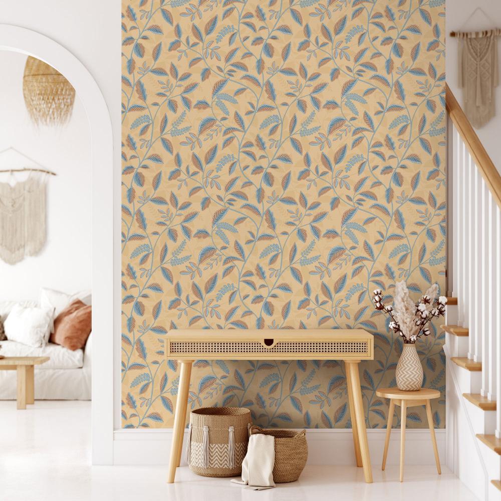 Tranquil Leafy Vine Wallpaper - Ocher room view