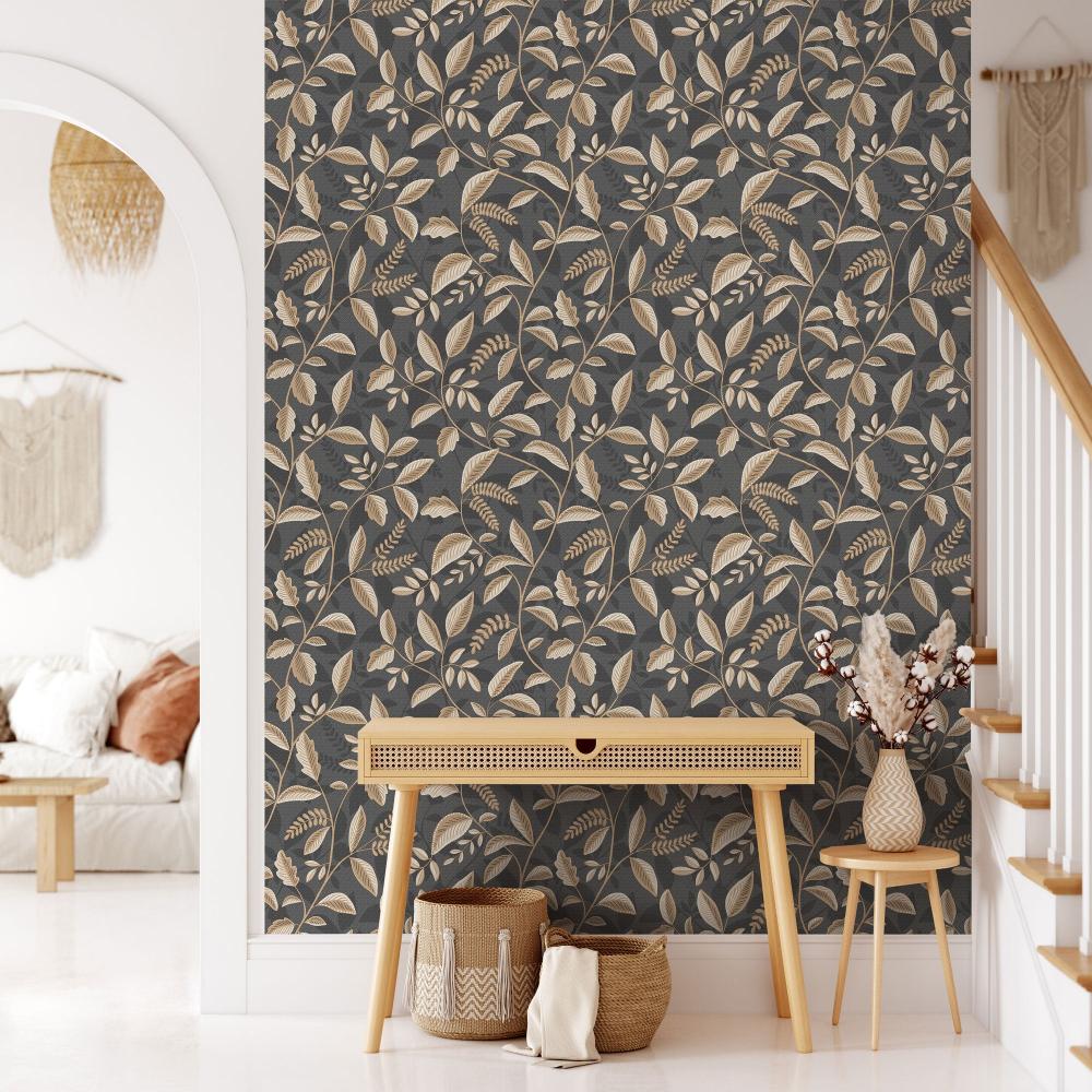 Tranquil Leafy Vine Wallpaper - Black and Beige room view