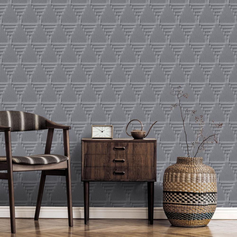 Rope Weave Diamond Wallpaper - Dark Grey room view