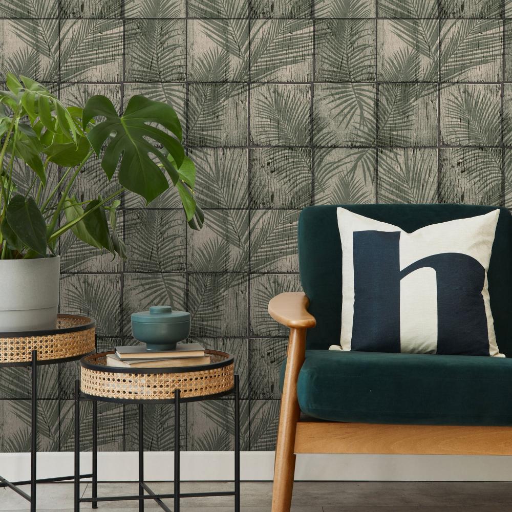 Rustic Palm Shadow Tile Wallpaper - Green room view