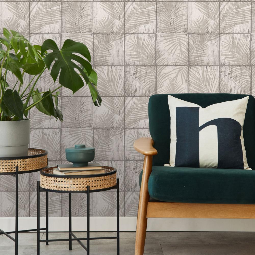 Rustic Palm Shadow Tile Wallpaper - Beige room view