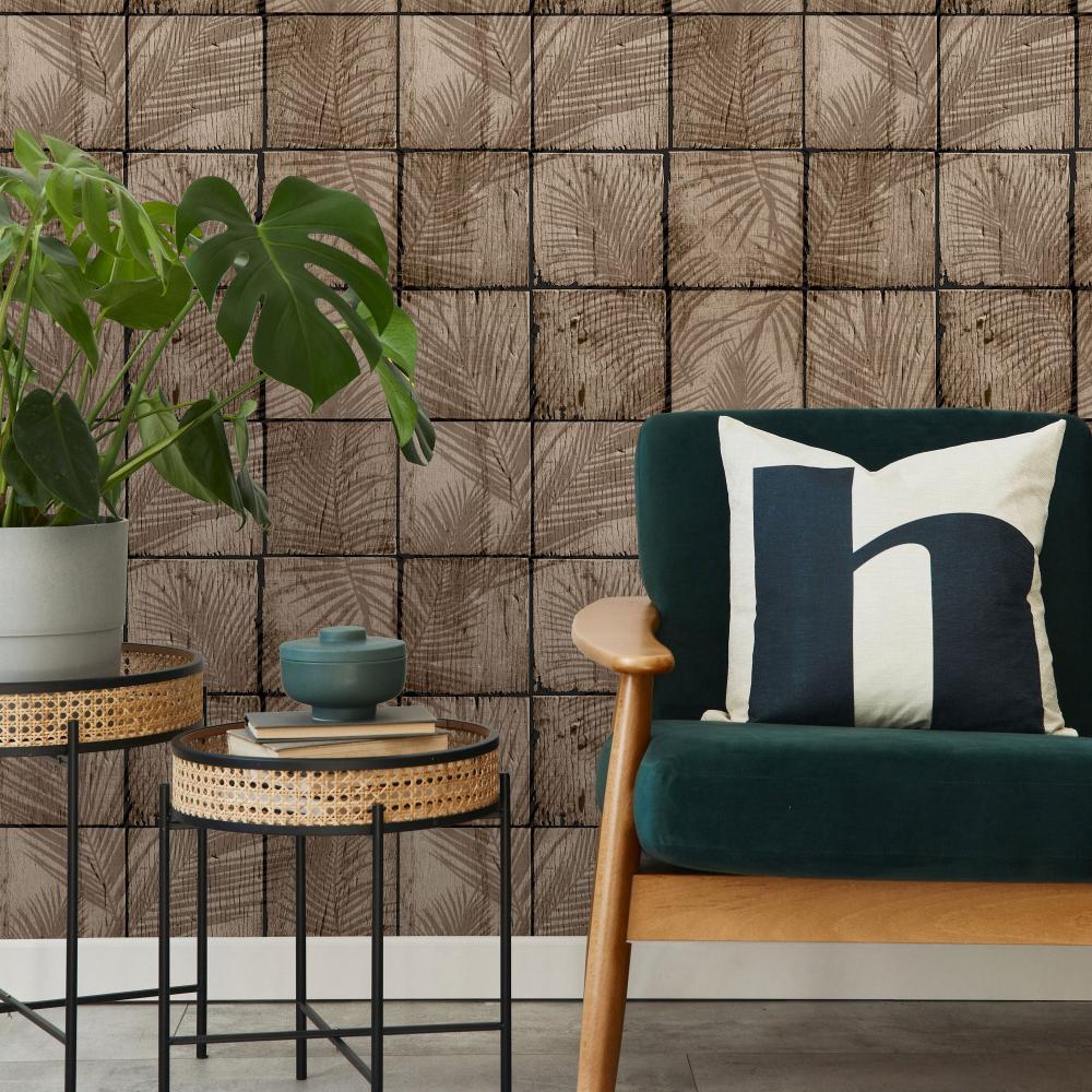 Rustic Palm Shadow Tile Wallpaper - Taupe room view