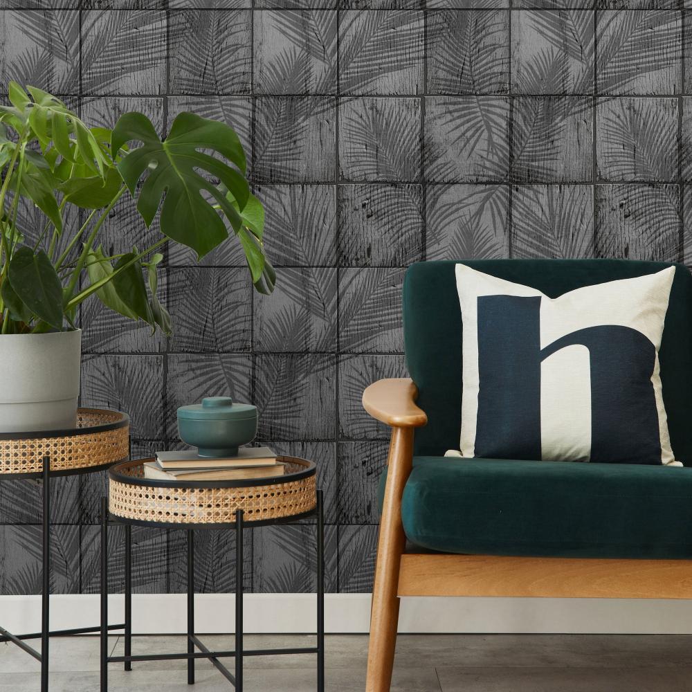 Rustic Palm Shadow Tile Wallpaper - Grey room view