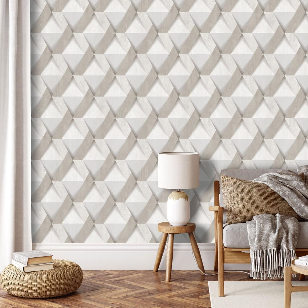 Modern Losange Wood Wallpaper - Beige room view