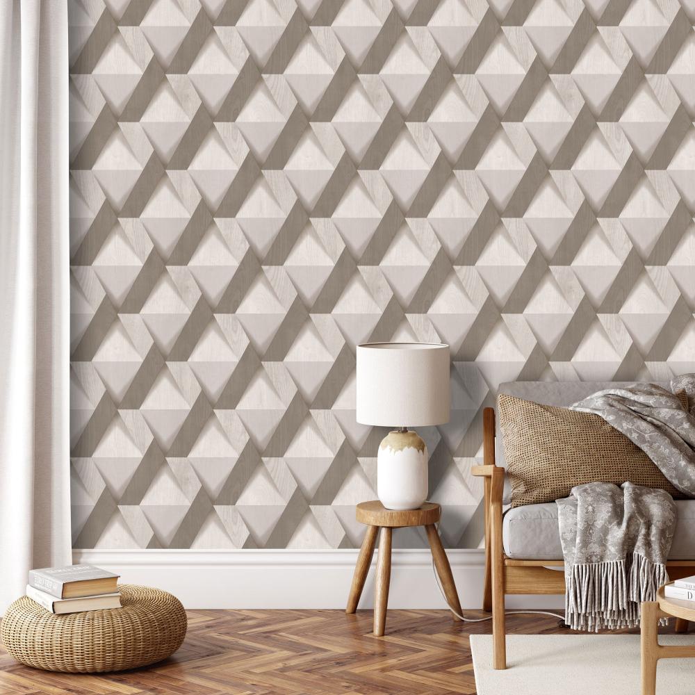 Modern Losange Wood Wallpaper - Taupe room view