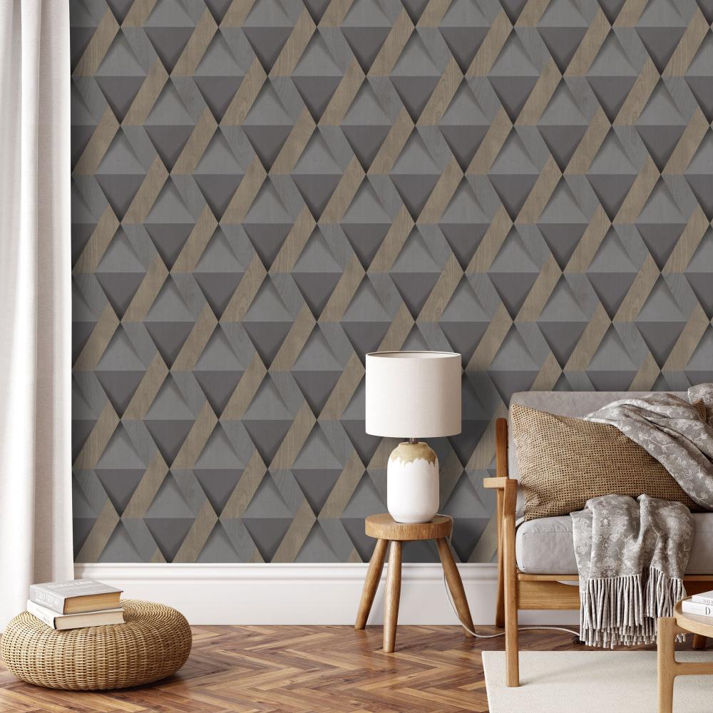 Modern Losange Wood Wallpaper - Dark Grey room view