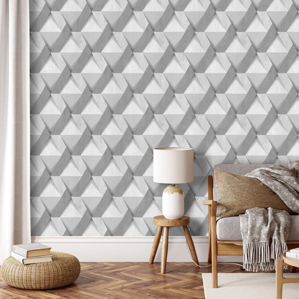 Modern Losange Wood Wallpaper - Light Grey room view