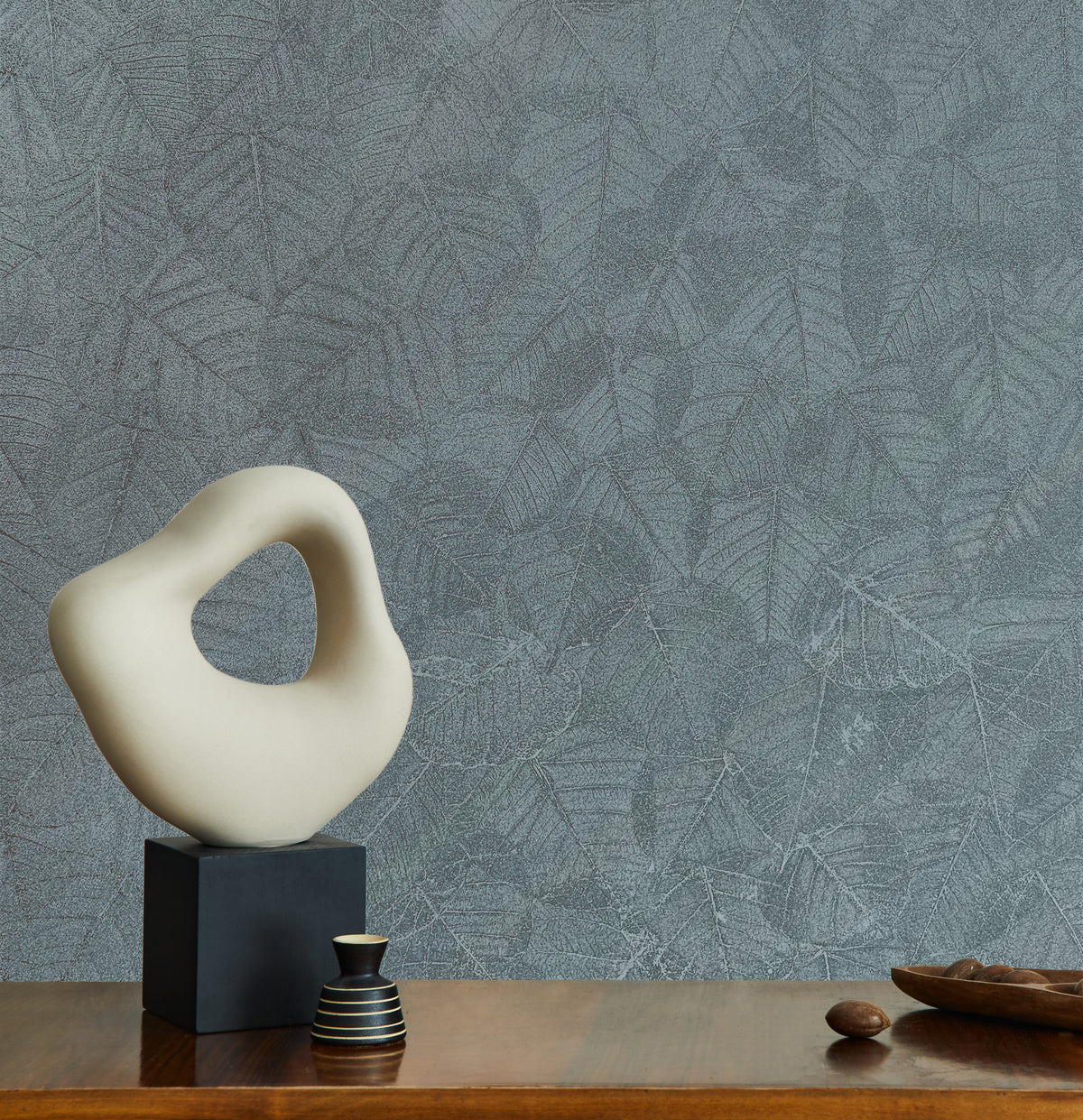 Luminous Leaf Collage Wallpaper - Turquoise on Foil room view