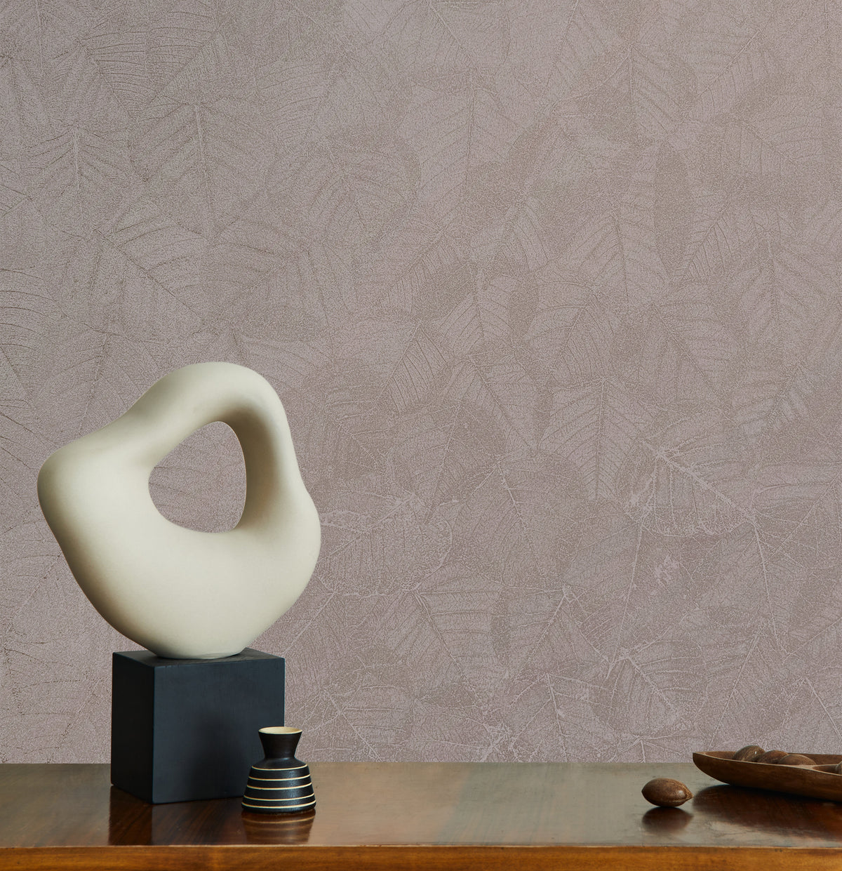 Luminous Leaf Collage Wallpaper - Blush on Foil room view